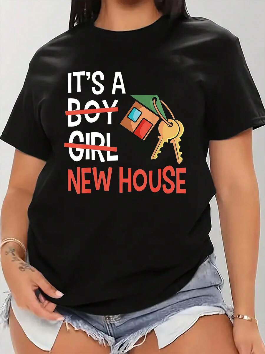 Talla - Camiseta de mujer talla con estampado una Casa Nueva - Diseño audaz de llave de casa en rojo y blanco, camiseta de cuello redondo suave y transpirable, corte holgado, casual para uso diario - Imprescindible para regalos y uso diario, regalo para casa nueva, fácil de estampar, camiseta ligera, camiseta unisex de algodón holgada de manga corta y cuello redondo estilo vintage urbano. - Negro - Ver 1