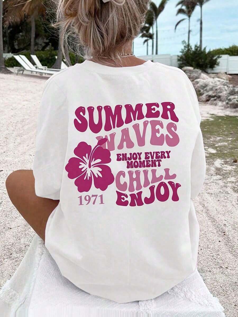 Comfortable Women's Casual T-Shirt With Floral And Letter Print, New Spring/Summer Style, Women's Cotton T-Shirts, Women's Casual Blouse - 白色 - 查看 1