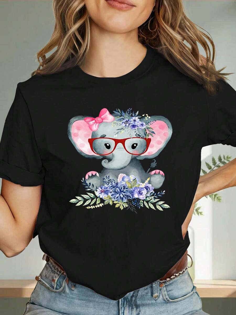 Una camiseta de manga corta para mujer, moderna, a la moda, retro, casual y holgada, adecuada para actividades al aire libre en primavera y verano, con diseño de elefante con corbata de lazo y gafas - top de manga corta con cuello redondo, suave y transpirable, estampado de elefante, ligero y casual para el verano, ideal para el uso diario, lavable a máquina, apta para todas las estaciones.blusas para mujer,blusas casuales para dama,tops,, mujer premium,y2k,playeras de mujer curvy,ofertas y liquidaciones ropa mujer,playeras deportivas para mujer,,playeras de hombre, mujer,blusas>elegante ESAN - Negro - Ver 1