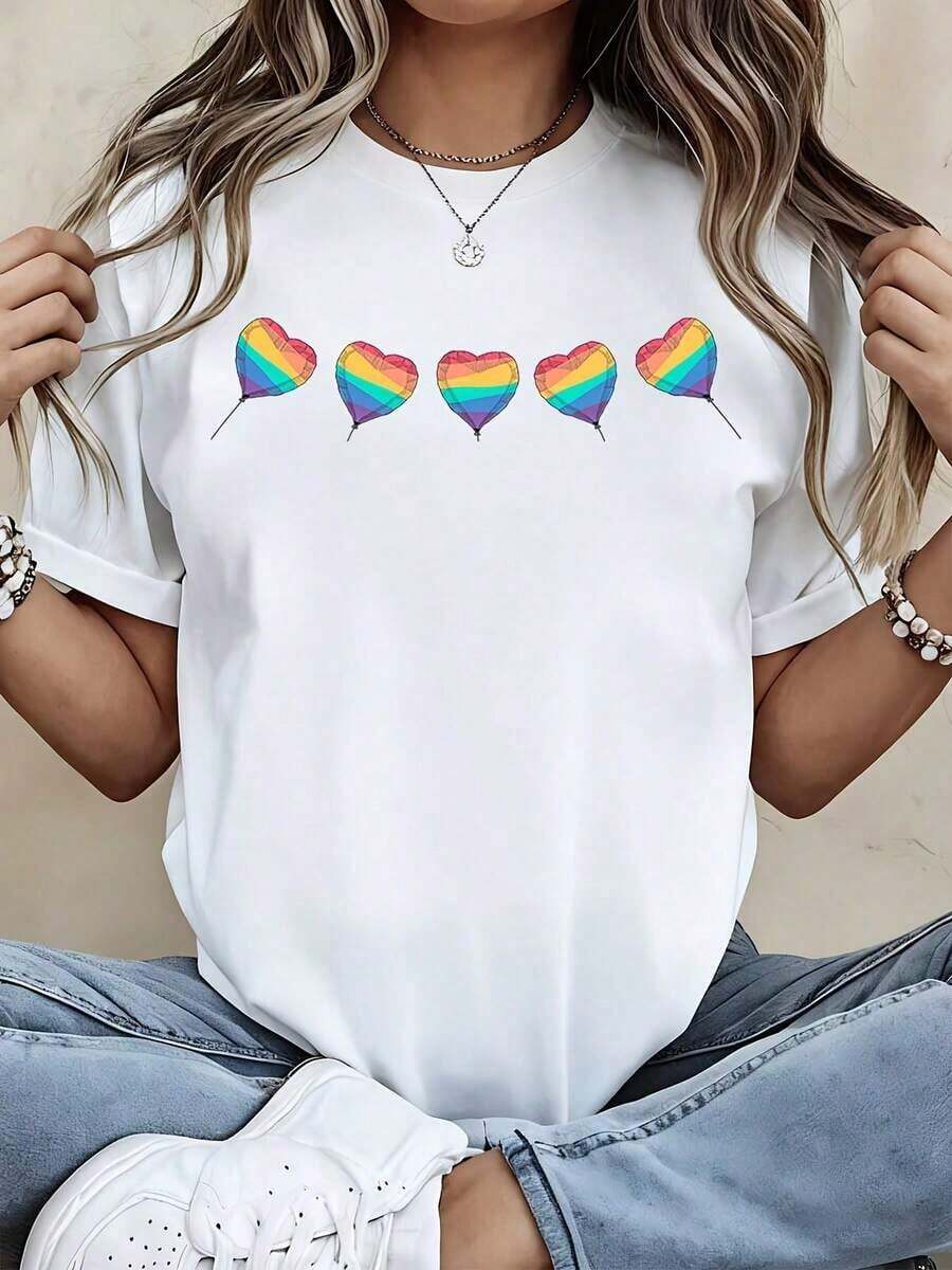 Camiseta con Estampado de Corazón Arcoíris para Uso Casual en Actividades de Ocio y Deportivas - Estilo Urbano Vintage Unisex, Camiseta de Manga Corta de Algodón 100% con Cuello Redondo - Blanco - Ver 1