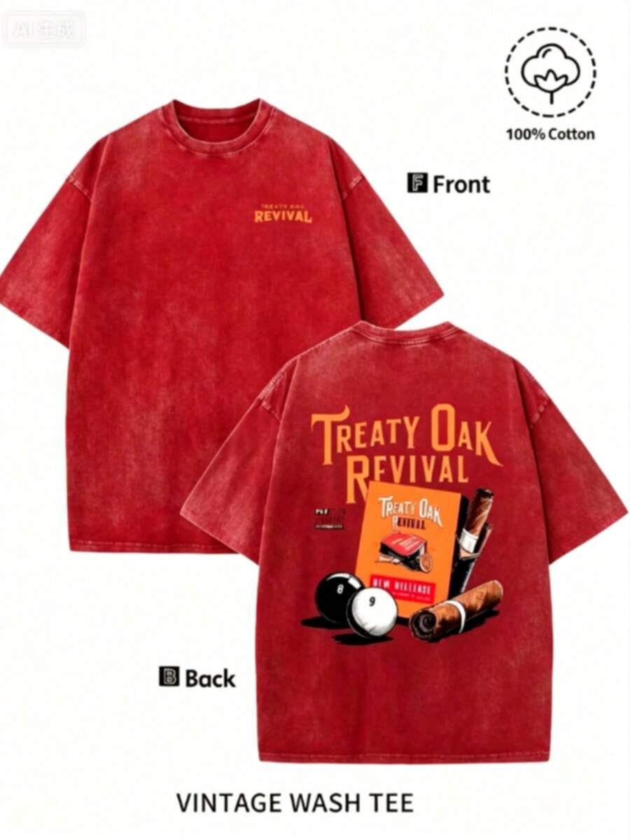 Men'S Bold "TREATY OAK REVIVAL" Print T-Shirt, Casual Round Neck Short Sleeve, 230g Washed Cotton, Summer High Quality Casual Sportswear, - 紅色 - 查看 1
