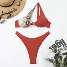 Nuevo y popular traje de baño de dos piezas para mujer, sexy y multicolor, bikini de un solo hombro con aros. - Piel de serpiente dorada - Ver 1