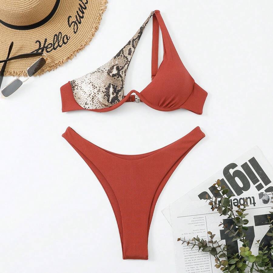 Nuevo y popular traje de baño de dos piezas para mujer, sexy y multicolor, bikini de un solo hombro con aros. - Piel de serpiente dorada - Ver 1