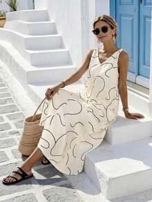 Women's Long, Loose-Fitting Dress With A Linen Texture And Abstract Lines - 白色 - 查看 4