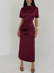 Vestido largo elegante de unicolor con cintura fruncida y plisado, adecuado para fiestas y salidas - Gris - Ver 4