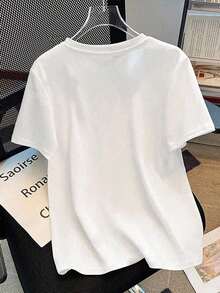 Cute Dog & Denim Print Pattern Women's Round Neck T-Shirt - White - View 2