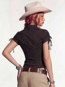 Short-Sleeved Shirt With Full Zip, Collar, 2 Side Pleats, Solid Blue Color, Retro Casual Collegiate Style With Drawstring Sleeve Design, Versatile Casual Shirt Suitable For School, Commuting And Shopping, Y2K Baddie Style For Women - 黑色 - 查看 2