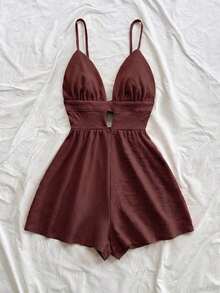 Mono de unicolor con diseño calado para mujer, ideal para vacaciones - Café integral - Ver 4