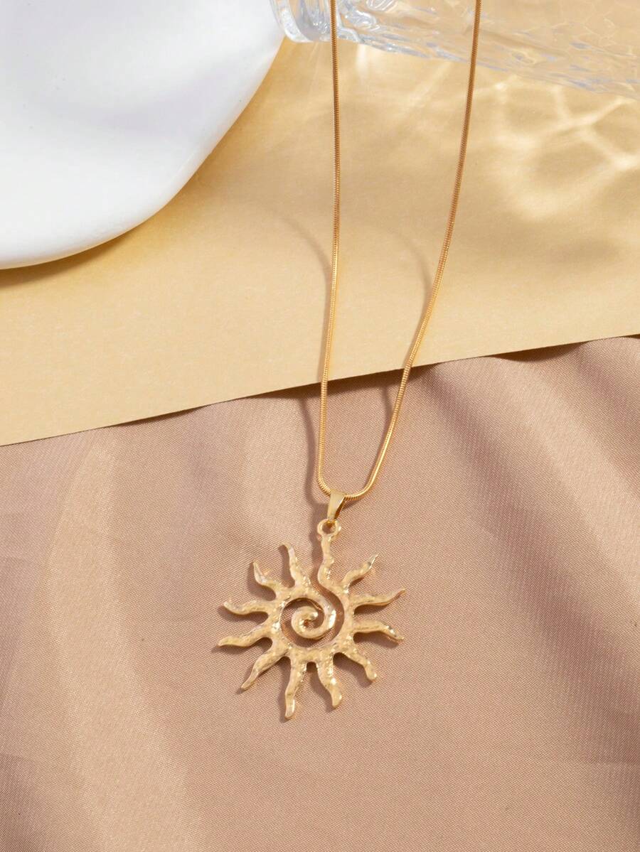 1件复古太阳图腾吊坠项链,女士不锈钢链项链,日常佩戴及派对首饰礼品 - 金花 - 查看 1