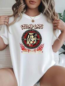 Camiseta de Mujer con Estampado de Gatos Callejeros, Opciones en Blanco y Negro, Estampado Rocker Phantom, Camisetas Casuales para Uso Diario, Tops de Verano, Camisetas con Estampado, Conjuntos de Verano para Mujer, Camisetas Cortas para Mujer, Tops para Mujer, Ropa Vintage de Algodón, Ropa Linda para Mujer, Playera Holgada para Mujer - Blanco - Ver 1