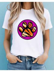 ComfortableCamiseta para mujer con estampado de huella de pata de tigre, estilo casual de verano para amantes de los animales y actividades al aire libre, camiseta 2D de mujer, diseño holgad - Blanco - Ver 7