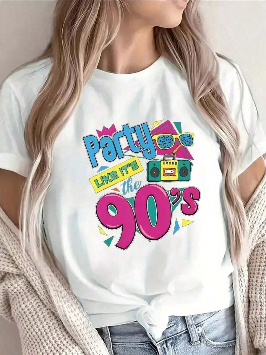 playeras de mujer algodon Camiseta de manga corta de poliéster con diseño retro de los 90 para uso casual en casa, fiestas o restaurantes. Ligera y duradera, ajuste cómodo para adultos. >ropa - Blanco - Ver 1
