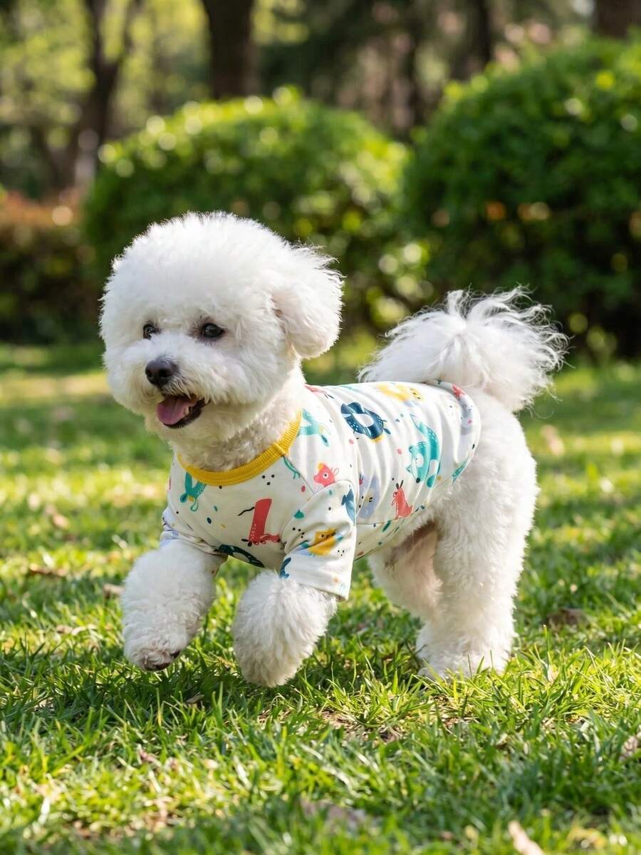 1件春夏轻薄宠物服装,小型/中型犬/猫德国绒印花宠物T恤 - 橘色 - 查看 1