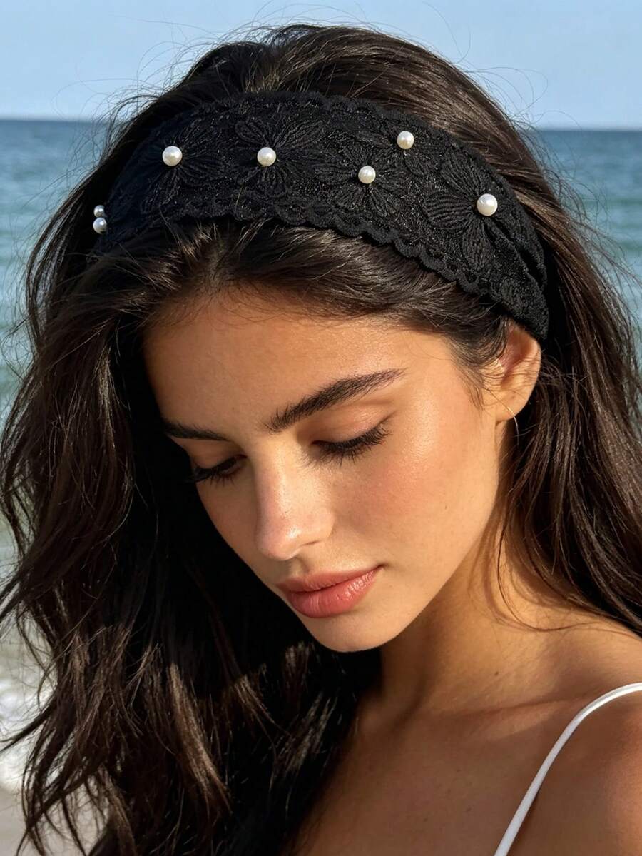 1pc Elegant Casual Black Faux Pearl Flower Mesh Headband Hairband - Black - View 1