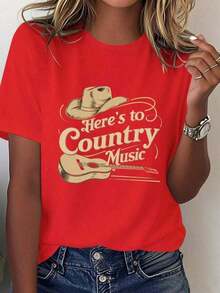 short-sleeveCamiseta de algodón de talla grande para mujer, ideal para el verano. Camiseta de algodón puro para mujer con diseño de guitarra de estilo country, ajuste cómodo. El material absorbe el sudor, es suave y agradable al tacto. Blusas Bonito 100% Algodón - Rojo - Ver 5
