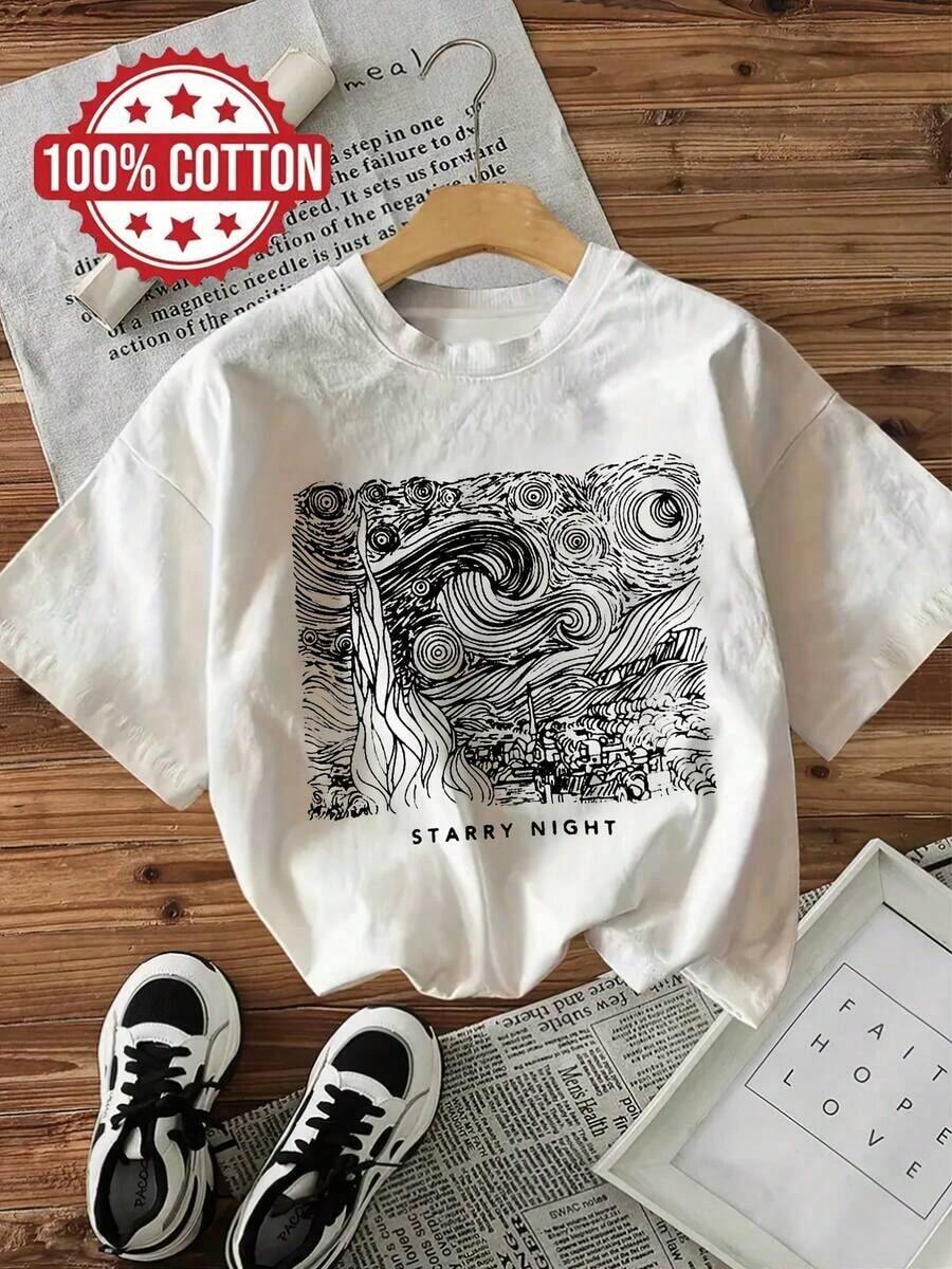 Camiseta de manga corta con estampado y cuello redondo suave - Blanco - Ver 1
