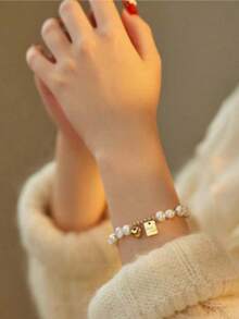 1pc Stainless Steel Fashion Lucky Heart Versatile Premium Bracelet - Yellow Gold - View 8