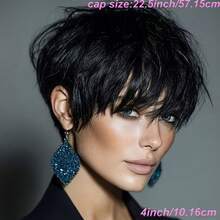 Wig Rambut Manusia Pendek Lurus Model Pixie dengan Poni untuk Wanita, Wig Rambut Manusia Remy Brasil Berlapis, Jaring Elastis, Wig Rambut Manusia Buatan Mesin Penuh, Wig Warna Hitam, Cocok untuk Liburan, Pesta, dan Sehari-hari - Natural Black - View 5