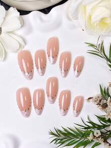 10 pièces d'ongles à presser faits main en forme d'amande, style français blanc avec des pois dorés. Polyvalent pour toutes les formes de mains, convient pour les sorties quotidiennes, les rendez-vous romantiques et autres occasions. Un choix de cadeau délicat et luxueux pour les dames. - Multicolore - Voir 3