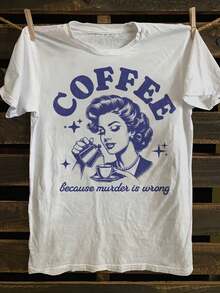 Camiseta con estampado gráfico, top casual de manga corta y cuello redondo para verano y primavera, ropa de mujer - Blanco - Ver 8