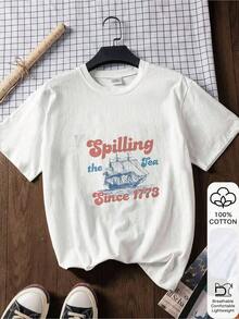 1 pieza Camiseta "Spilling The Tea Since 1773", Camiseta para Veteranos, Camiseta del 4 de Julio, Camiseta, Camiseta con Capucha del 4 de Julio, 180g Algodón 100% - Blanco 1 - Ver 9