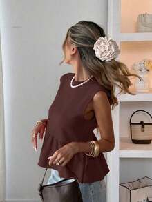 Blusa sin mangas de punto para mujer, estilo minimalista casual, unicolor, bajo con volantes, favorecedora, adecuada para ir a trabajar, citas, vacaciones, tiempo libre - Café rojo - Ver 4