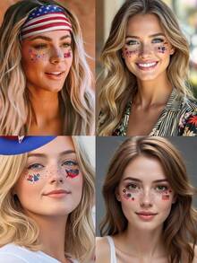 6 Sheets 4th Of July Star Freckles Face Tattoo 4th Of July Accessories Red White And Blue Independence Face Tattoo Day Favors For Summer Party Festivals Freckle Makeup - Multicolor - View 2