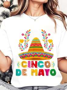 Colorful Sombrero And Flowers Print Cinco De Mayo Women Round Neck T Shirt For Festival Celebration 220gPlayera Holgada para Mujer - Blanco - Ver 7