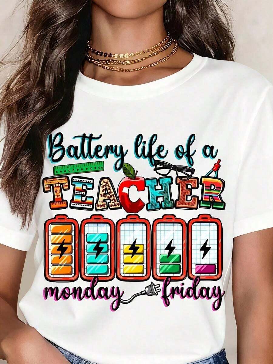 Camiseta de Profesor con Estampado Gráfico "La Duración de la Batería de un Profesor de Lunes a Viernes" para la Vuelta al Cole y el Día del Agradecimiento al Profesor, camiseta elegante adecuada para fiestas. - Blanco - Ver 1