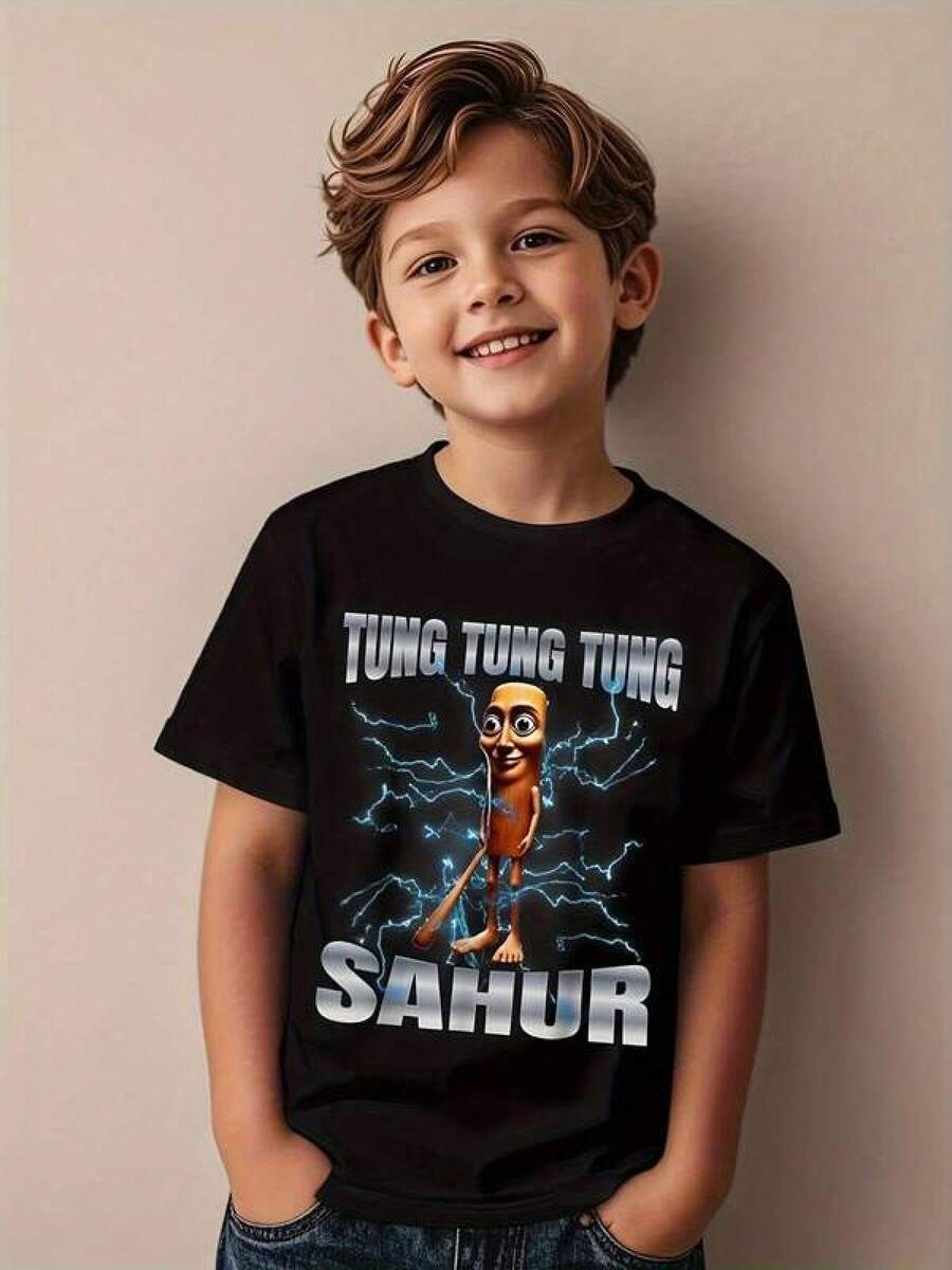 Funny Italian Cerebral Palsy Meme T-Shirt - Tung Tung Sahur, Graphic Design With Repeating Tung Tung Sound, Casual Round Neck For Summer, Fashion Clothing For Italian Cerebral Palsy Awareness - 黑色 - 查看 1