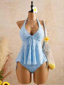 2026 Bellisia Vestido elegante de mujer con estampado de lunares, tela texturizada, camisola relajada para vacaciones, bikini amarillo tipo tankini para playa.Conjunto de playa de mujer para verano 2026, temporada de graduación, boda, regreso a clases, Pascua.Camisola de verano casual y linda, con textura de punto, detalles de volantes, en estilo dulce, romántico y campestre. - Gris - Ver 2
