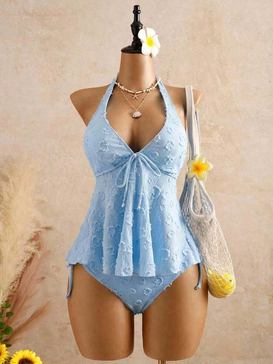 2026 Bellisia Vestido elegante de mujer con estampado de lunares, tela texturizada, camisola relajada para vacaciones, bikini amarillo tipo tankini para playa.Conjunto de playa de mujer para verano 2026, temporada de graduación, boda, regreso a clases, Pascua.Camisola de verano casual y linda, con textura de punto, detalles de volantes, en estilo dulce, romántico y campestre.