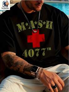 Camiseta para hombre con diseño retro MASH 4077, corte holgado informal, mangas cortas, con la icónica cruz roja y el estampado "MASH 4077", cuello redondo, estilo regular, camiseta con estampado de anime, ropa cómoda y duradera, disponible en tallas grandes. - Negro - Ver 1