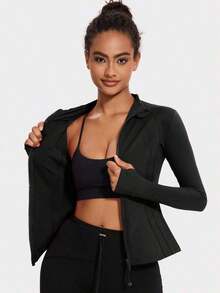 2026 VUTRU Women's Slim Fit Sports Jacket With Thumbholes And High Collar, Spring - 黑色 - 查看 3