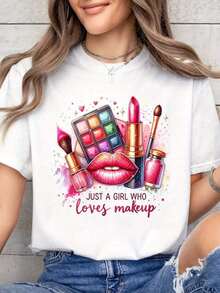 Una camiseta estampada para las que aman el maquillaje, con cuello redondo casual y mangas cortas, ideal para primavera y verano, cómoda y transpirable, perfecta para todas las estaciones, ropa deportiva para mujer - [Blanco] - Ver 2