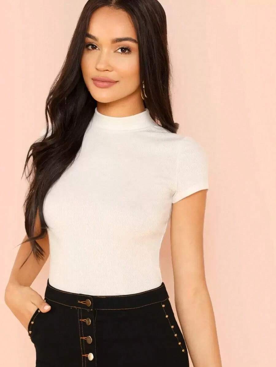 Camiseta de manga corta ajustada informal con cuello alto - Beis - Ver 1