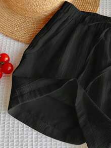 Pantalones cortos negros tejidos versátiles y casuales para mujer, de verano - Negro - Ver 6