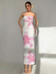 Vestido largo elegante con estampado floral de lirio para mujer, adecuado para la playa, resort, citas elegantes y románticas, festivales de música, vacaciones de primavera - Blanco - Ver 6