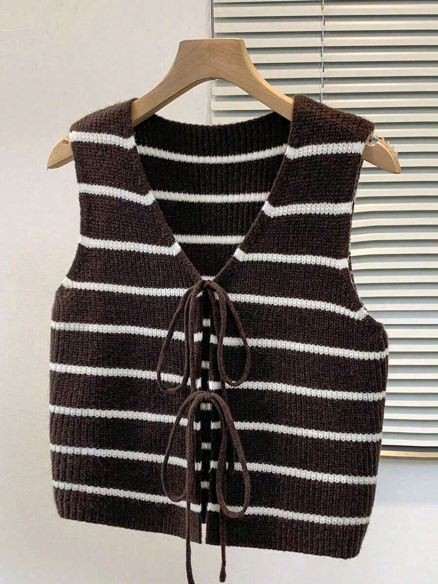 Chaleco de punto con rayas y nudo para mujer, de estilo casual - Café integral - Ver 1