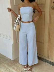 SunnyBelle Conjunto de top bandeau a rayas amarillas y pantalones pitillo de talle alto para mujer, conjunto de vestimenta versátil y de moda para calle y vacaciones, primavera/verano - Celeste - Ver 4