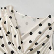 YijiaNvz  Vestido plisado de satén con estampado de lunares romántico y elegante para mujer, adecuado para salidas y citas de primavera/verano - Beis - Ver 5