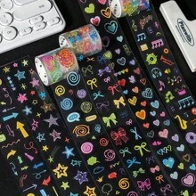 1卷图案PET装饰胶带，彩色日记系列，多种设计，包括星星、丝带、几何图形和便签图案，色彩鲜艳。适用于剪贴簿、笔记本、相册、DIY装饰和必备学习用品。 - A - 查看 4