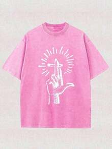 Washed Printed T-Shirt, High-Quality Cotton Wax Print T-Shirt, Retro Fashion Brand T-Shirt, Men's T-Shirt, Men's Summer T-Shirt, Holiday Gift, Perfect Gift - 玫紅色 - 查看 6