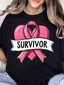 100% Cotton, Women's T-Shirt, T-Shirt With Pink Breast Cancer Awareness Ribbon, Breast Cancer Awareness T-Shirt For Women, Gift Of Support And Strength, Dedicated To Survivors. - 黑色 - 查看 6