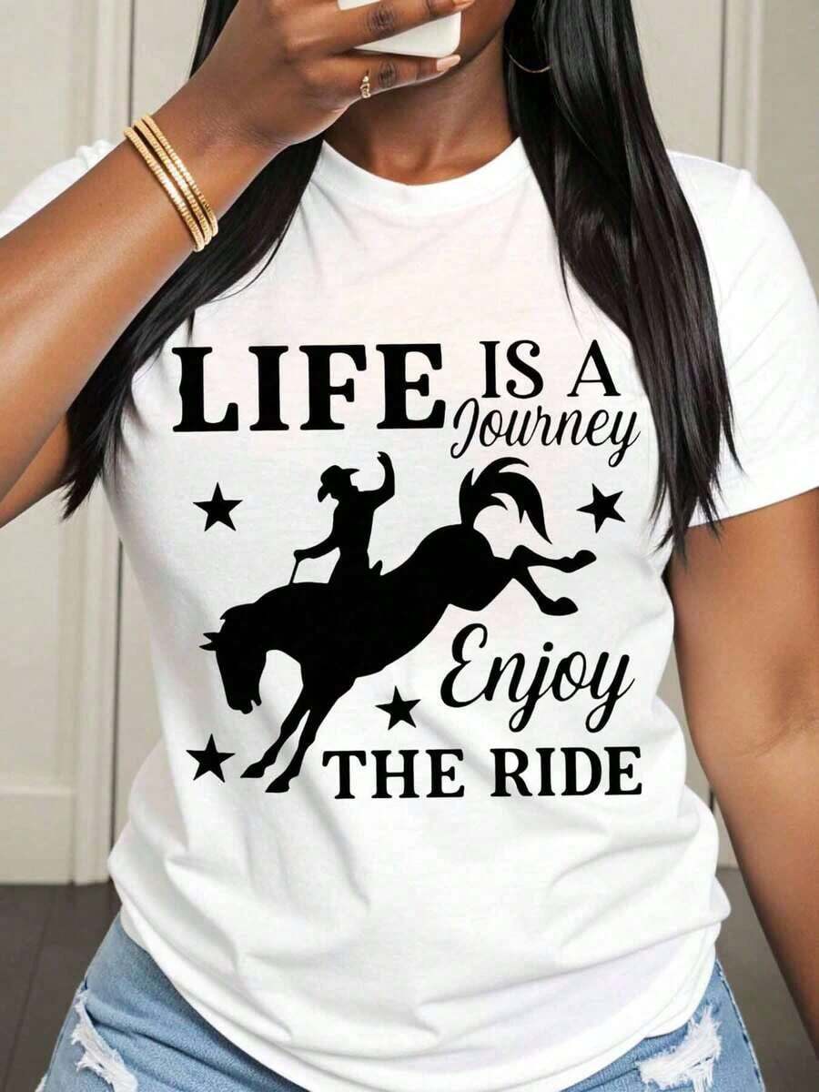 100% Pure Cotton, Women's T-Shirt. Life Is A Journey, Enjoy The Ride. Women's Riding Graphic Tee, Casual Western Style With Star And Cowboy Design, Perfect For Outdoor Activities And Everyday Wear. - 白色 - 查看 1