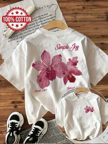 Camiseta Casual de Manga Corta para Mujer - Cuello Redondo, Estampado Floral Rosa Suave y Simple Joy, Lavable a Máquina, Ropa de Verano y Primavera, Tejido No Transparente, Para Todas las Estaciones - Blanco - Ver 8