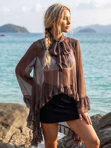 Women's Ruffled Tops Bow Tie Design Stylish Solid See Through Loose Fit V Neck Long Sleeve Blouses Perfect For Summer - Light Brown - View 2
