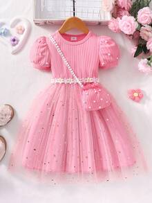 Gaun Anak Perempuan Balita Lengan Pendek Warna Pink dengan Detail Ribbed dan Jala + Gaun Rajut Lengan Mengembang + Tas Mini Berhiaskan Mutiara, Cocok untuk Pesta Ulang Tahun dan Acara Lainnya - Berwarna merah muda - View 2