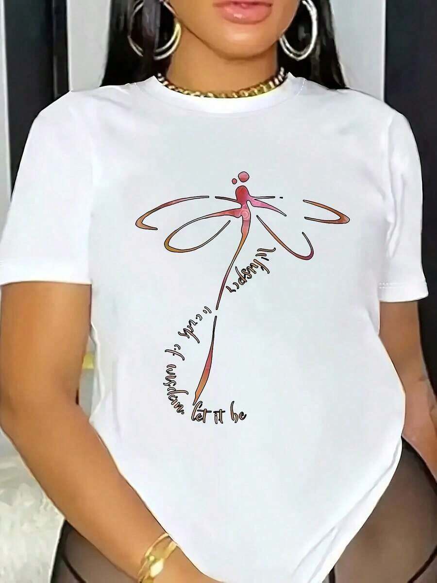 100% algodón puro, camiseta de mujer con estampado de libélula, camiseta casual de manga corta con cuello redondo, estilo básico para primavera y verano, uso diario, lavable a máquina, camiseta con estampado gráfico, ropa de talla grande para mujer. - Blanco - Ver 1