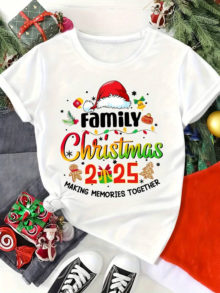 Camiseta de 2025 con estampado gráfico "Navidad en familia creando recuerdos juntos", ropa de mujer casual de manga corta y cuello redondo - Blanco - Ver 1
